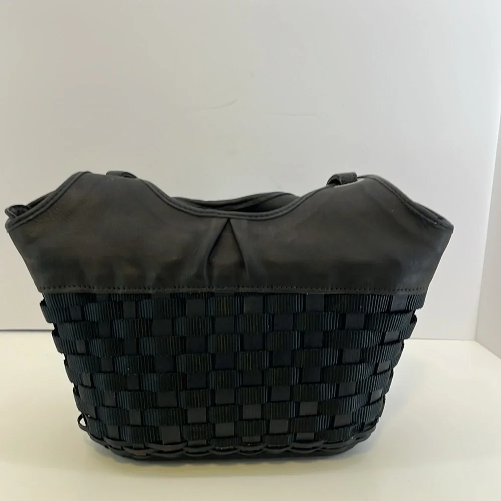 Longaberger Black Leather, Nylon & Wood Basket Weave Purse w/ Silver Tone Trim